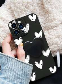 Heart Print Phone Case With Stand-Out Phone Grip - Black and White - View 5