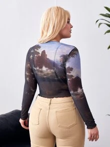 SHEIN EZwear 大碼丘比特印花木耳邊網紗上衣 - 彩色 - 查看 2