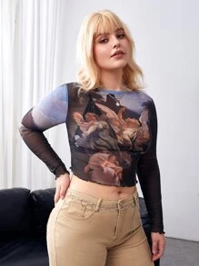 SHEIN EZwear 大碼丘比特印花木耳邊網紗上衣 - 彩色 - 查看 5