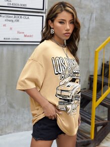 SHEIN Coolane 字母和車圖案落肩T恤 - 杏色 - 查看 5