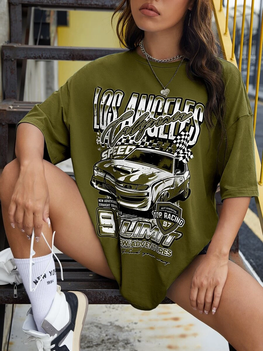 SHEIN Coolane Letter & Car Print Drop Shoulder Tee - Olive Green - View 1