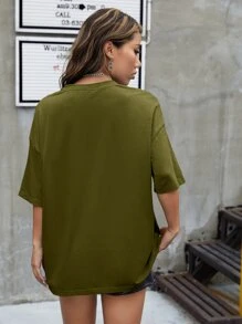SHEIN Coolane Letter & Car Print Drop Shoulder Tee - Olive Green - View 2