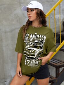 SHEIN Coolane Letter & Car Print Drop Shoulder Tee - Olive Green - View 3