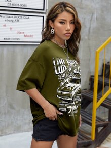 SHEIN Coolane Letter & Car Print Drop Shoulder Tee - Olive Green - View 5