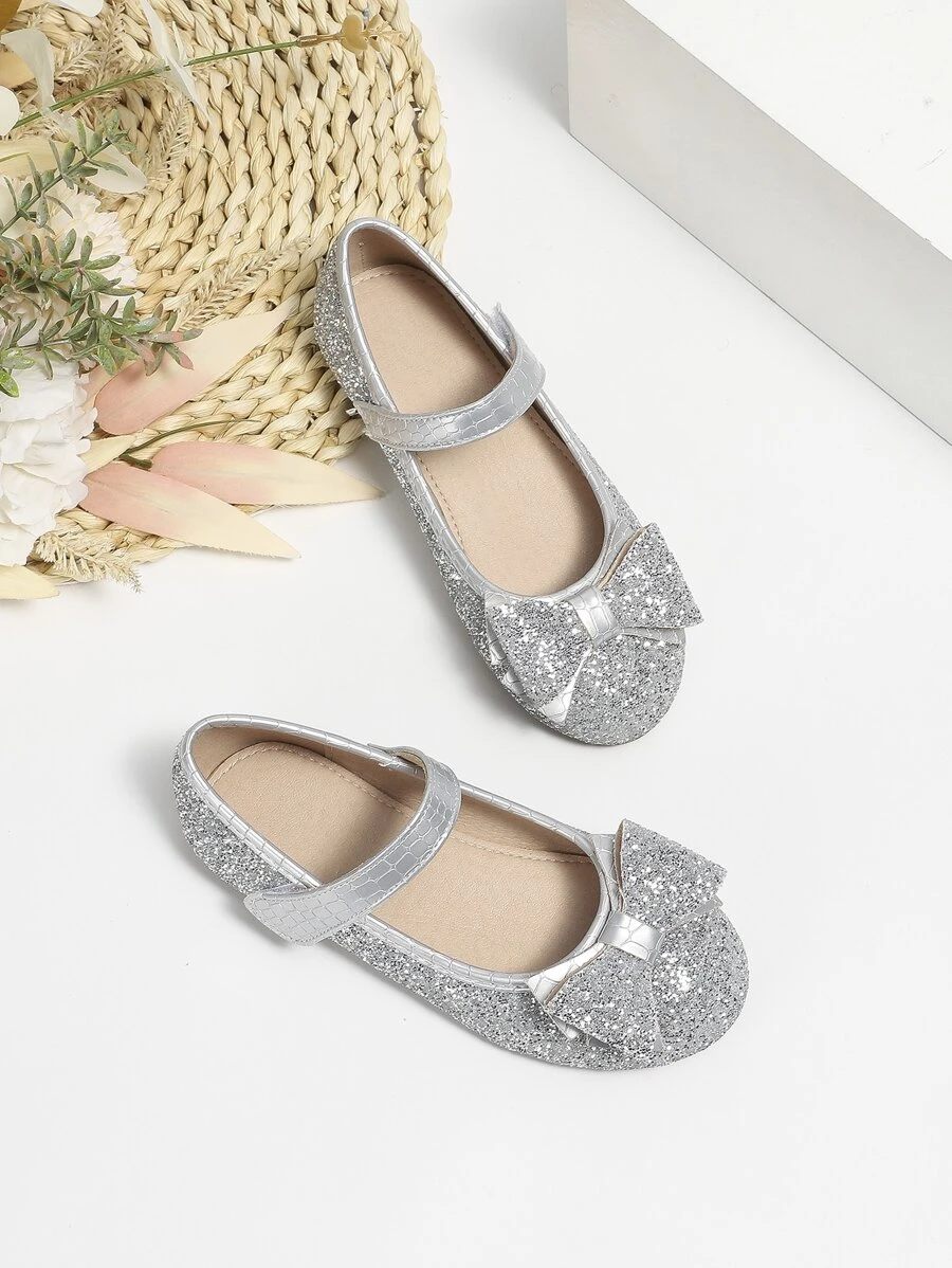 Giày búp bê trẻ em Nơ Bướm long lanh màu trơn Mary Jane - Bạc - Xem 1