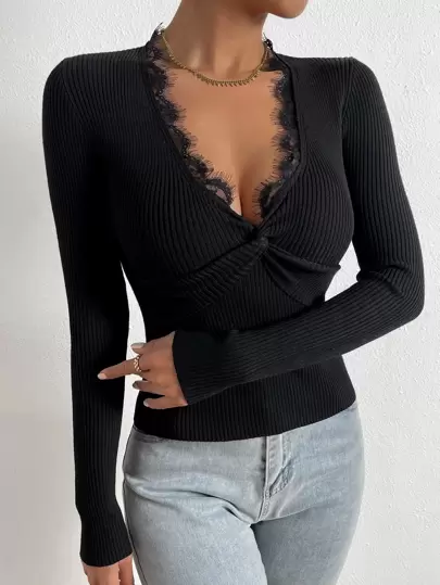 SHEIN Privé Eyelash Lace Trim Twist Front Sweater