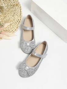 Giày búp bê trẻ em Nơ Bướm long lanh màu trơn Mary Jane - Bạc - Xem 2