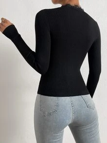 SHEIN Privé Eyelash Lace Trim Twist Front Sweater - Black - View 2