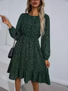 SHEIN Clasi Dalmatian Print Ruffle Hem Dress - Dark Green - View 1