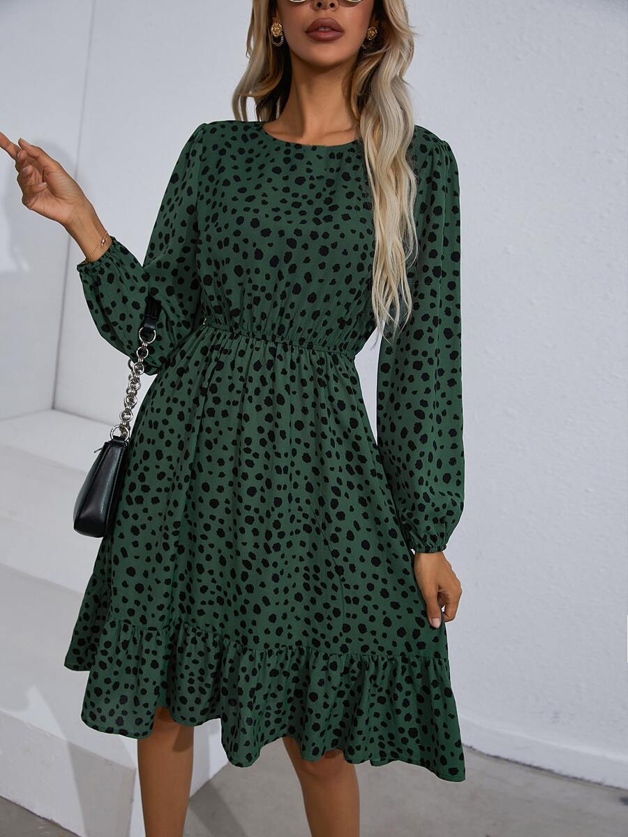SHEIN Clasi Dalmatian Print Ruffle Hem Dress - Dark Green - View 1