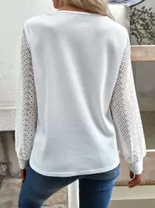 SHEIN LUNE Camiseta con botón delantero de manga con encaje - Blanco - Ver 2