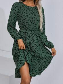 SHEIN Clasi Dalmatian Print Ruffle Hem Dress - Dark Green - View 3