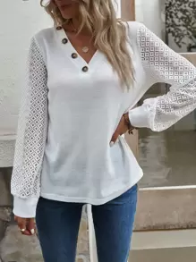 SHEIN LUNE Camiseta con botón delantero de manga con encaje - Blanco - Ver 3