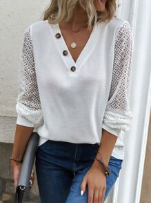 SHEIN LUNE Camiseta con botón delantero de manga con encaje - Blanco - Ver 4