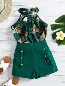 SHEIN Young Girl Tropical Print Halter Top With Shorts - Multicolor - View 1