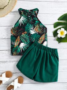 SHEIN Young Girl Tropical Print Halter Top With Shorts - Multicolor - View 2