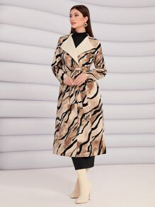 Modelyn Waterfall Collar Allover Print Belted Coat - Multicolor - View 1