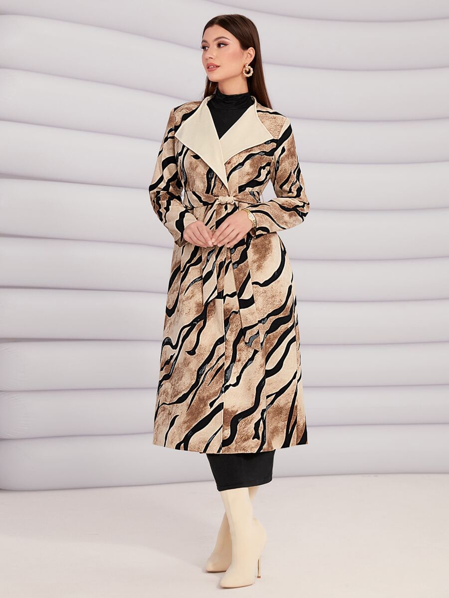 Modelyn Waterfall Collar Allover Print Belted Coat - Multicolor - View 1