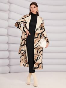 Modelyn Waterfall Collar Allover Print Belted Coat - Multicolor - View 4