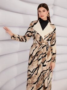 Modelyn Waterfall Collar Allover Print Belted Coat - Multicolor - View 5