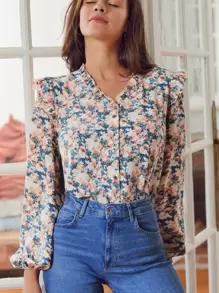 SHEIN Frenchy 滿版印花褶邊襯衫 - 彩色 - 查看 3