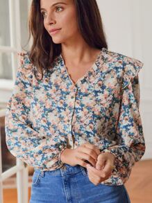 SHEIN Frenchy 滿版印花褶邊襯衫 - 彩色 - 查看 1