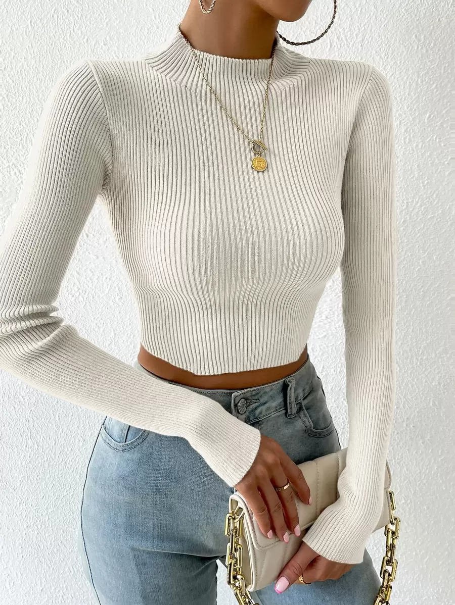 Chiquease 高领罗纹针织短款毛衣，长袖套头衫，秋冬款 - 米色 - 查看 1