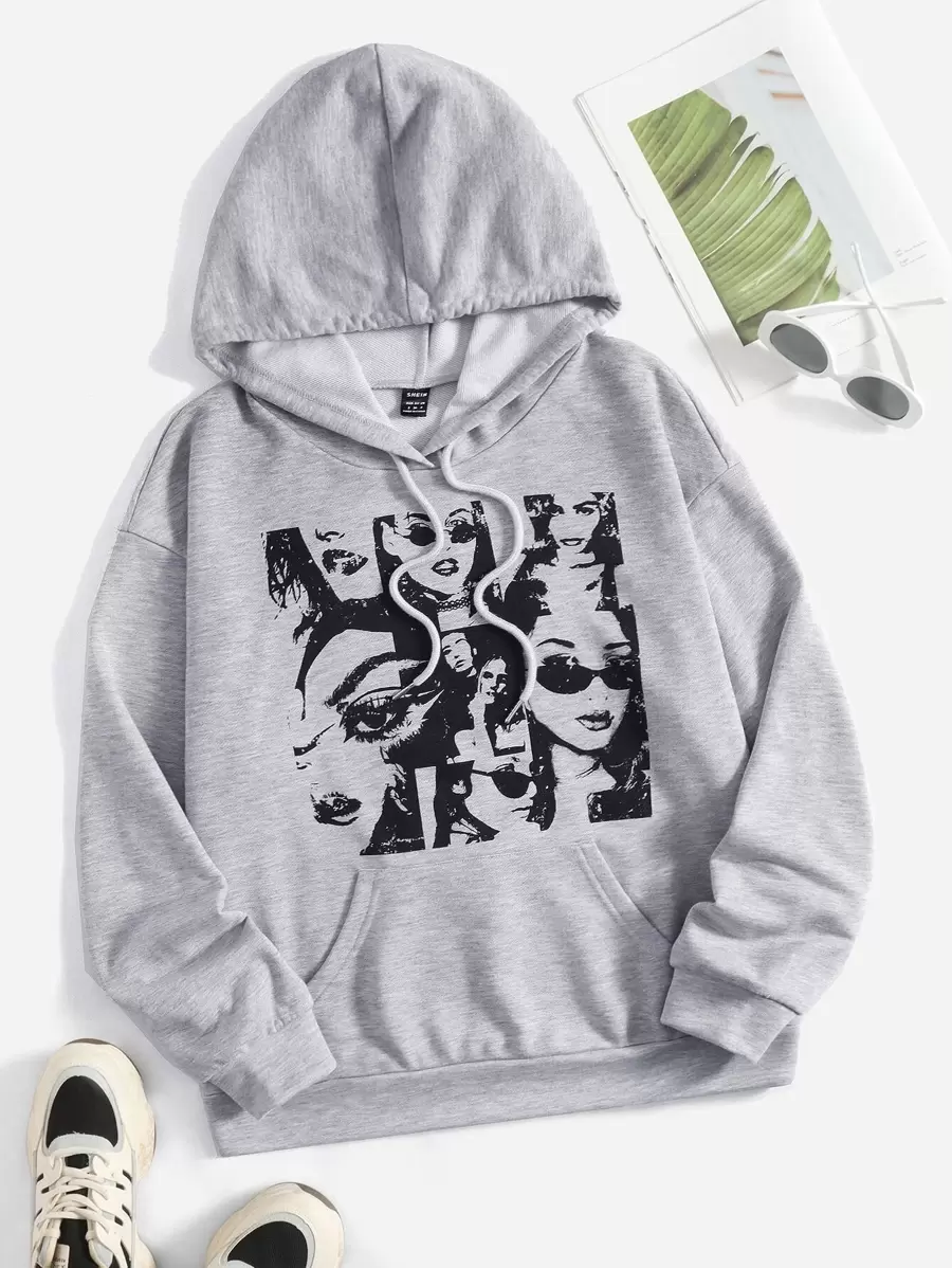 SHEIN EZwear Figure Graphic Kangaroo Pocket Drop Shoulder Drawstring Hoodie - Grey - View 1