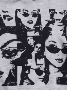 SHEIN EZwear Figure Graphic Kangaroo Pocket Drop Shoulder Drawstring Hoodie - Grey - View 4