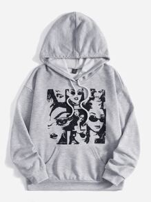 SHEIN EZwear Figure Graphic Kangaroo Pocket Drop Shoulder Drawstring Hoodie - Grey - View 5