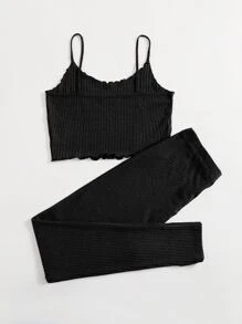 SHEIN EZwear Conjunto top de tirantes tejido de borde en forma de lechuga con leggings - Negro - Ver 2