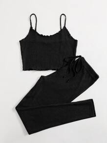 SHEIN EZwear Conjunto top de tirantes tejido de borde en forma de lechuga con leggings - Negro - Ver 3