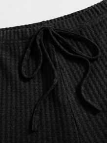 SHEIN EZwear Conjunto top de tirantes tejido de borde en forma de lechuga con leggings - Negro - Ver 5