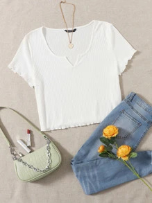 SHEIN EZwear Plus Notch Neck Lettuce Edge Tee - White - View 1