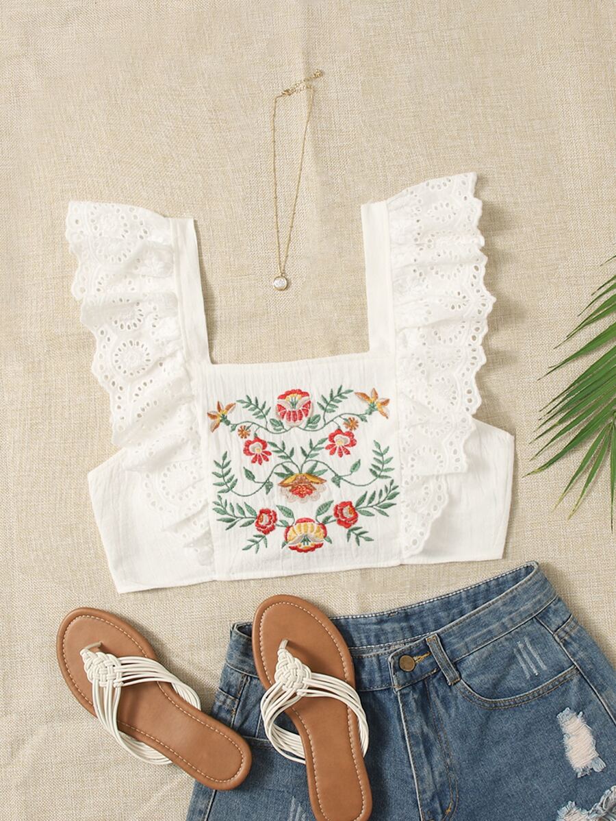 Soleia Floral Embroidery Ruffle Trim Square Neck Tie Back Crop Blouse - White - View 1