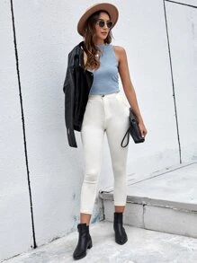 SHEIN Essnce 小高領羅紋針織背心上衣 - 淺藍色 - 查看 3