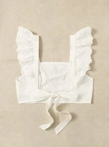 Soleia Floral Embroidery Ruffle Trim Square Neck Tie Back Crop Blouse - White - View 2