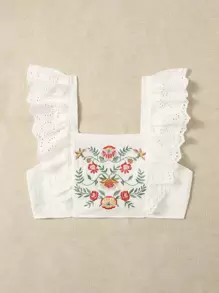 Soleia Floral Embroidery Ruffle Trim Square Neck Tie Back Crop Blouse - White - View 4