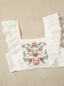 Soleia Floral Embroidery Ruffle Trim Square Neck Tie Back Crop Blouse - White - View 5