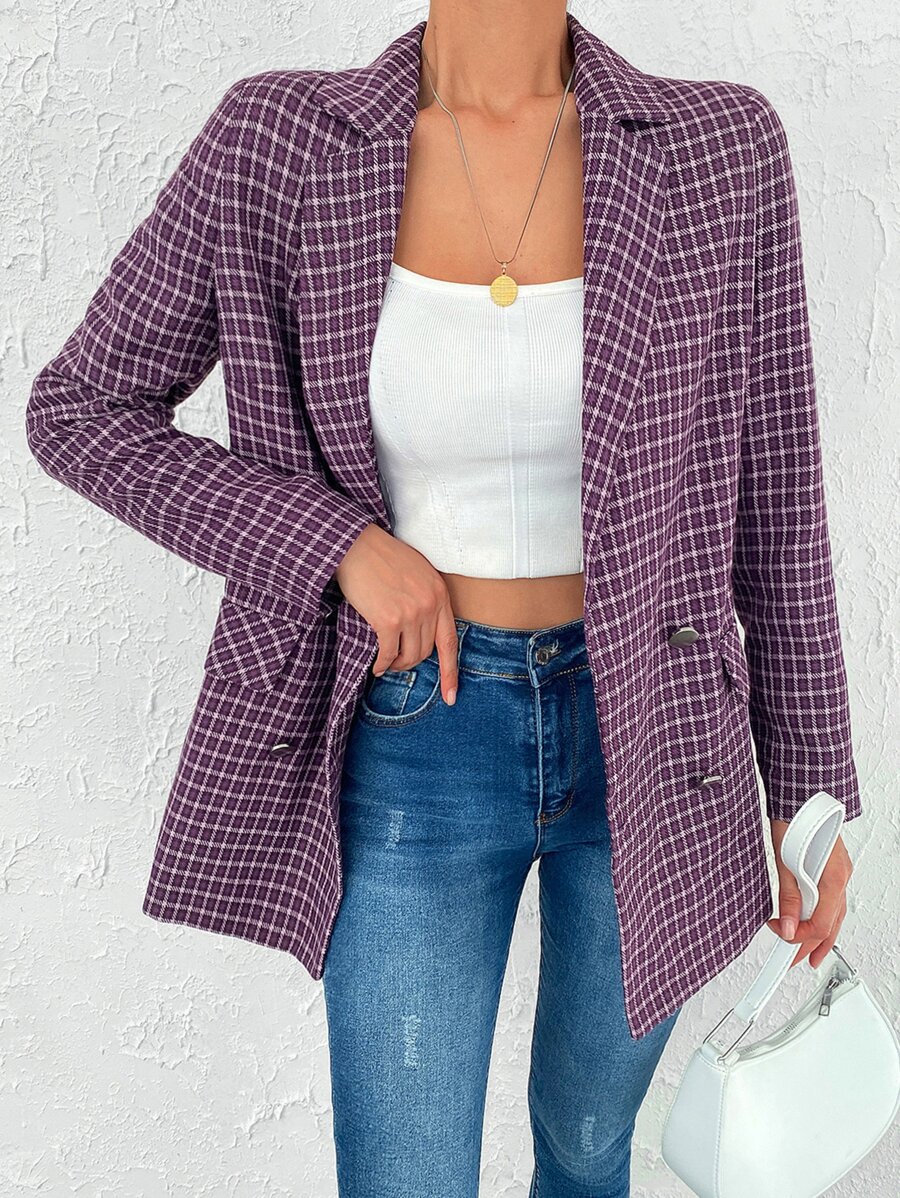 RueChic Plaid Double Breasted Blazer - Purple - View 1