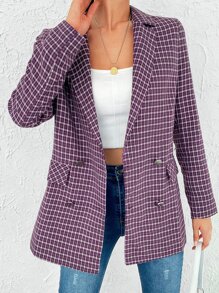 RueChic Plaid Double Breasted Blazer - Purple - View 3