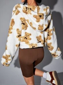SHEIN Qutie Bear Pattern Drop Shoulder Hooded Teddy Jacket - Multicolor - View 2