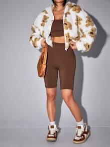 SHEIN Qutie Bear Pattern Drop Shoulder Hooded Teddy Jacket - Multicolor - View 3