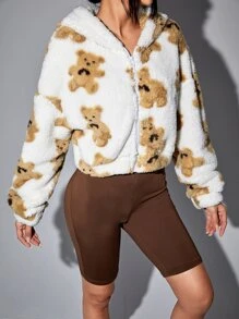 SHEIN Qutie Bear Pattern Drop Shoulder Hooded Teddy Jacket - Multicolor - View 4