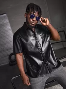 EASEVO Men Plus Pocket Patched PU Leather Shirt - Black - View 1