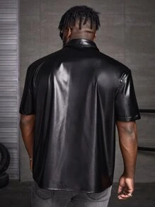 EASEVO Men Plus Pocket Patched PU Leather Shirt - Black - View 2