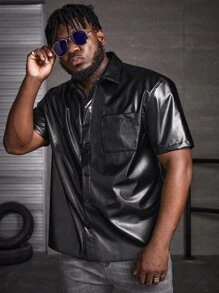 EASEVO Men Plus Pocket Patched PU Leather Shirt - Black - View 3