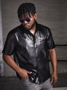 EASEVO Men Plus Pocket Patched PU Leather Shirt - Black - View 4