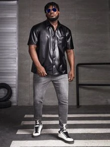 EASEVO Men Plus Pocket Patched PU Leather Shirt - Black - View 5