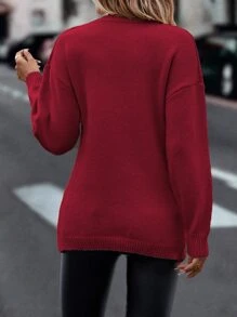 SHEIN Unity Suéter de punto de cable con hombros caídos y cruzado para otoño e invierno - Burdeos - Ver 2